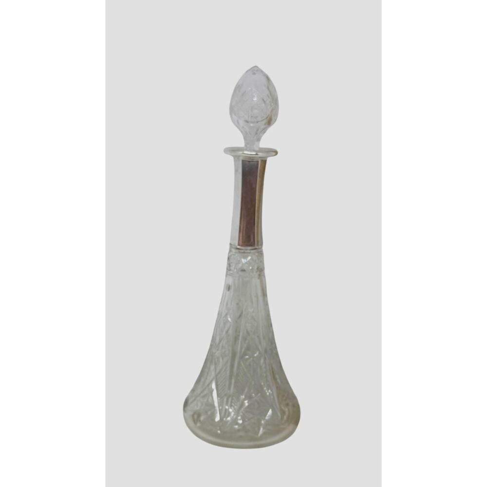 Mid 20th Century Cut Crystal 11.5” Decanter Silver Metal Collar Diamond Pattern